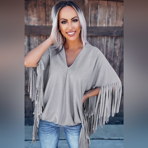 Gray Fringe Poncho Top - Picture 1 of 5